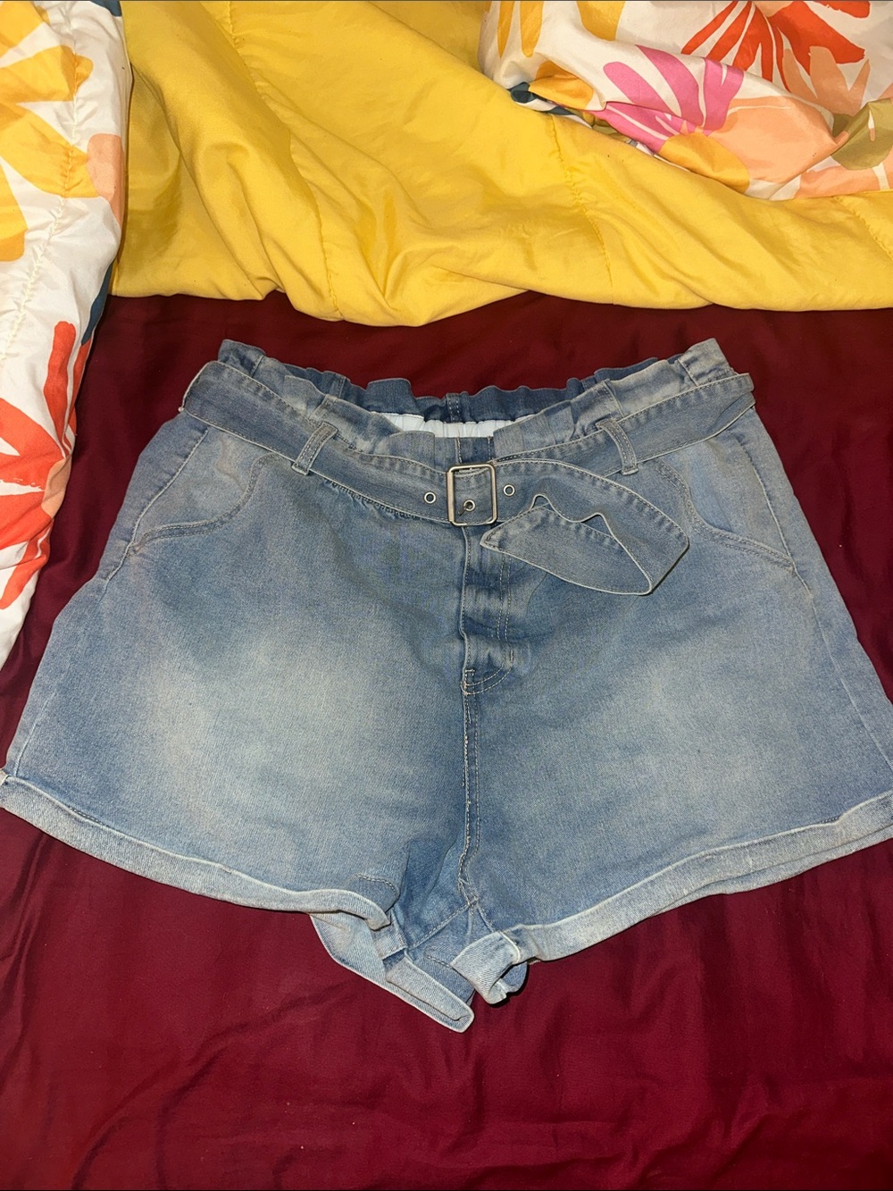 No Boundaries Light Wash Paperbag Denim Shorts with Tie Belt